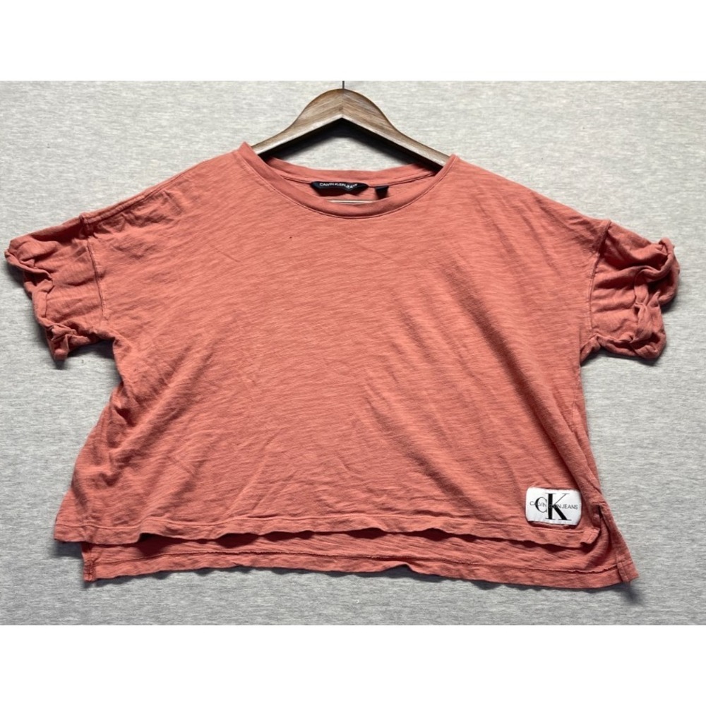Calvin Klein Jeans Cropped T Shirt Women Medium Coral Pink Slub Knit Hi Low Hem